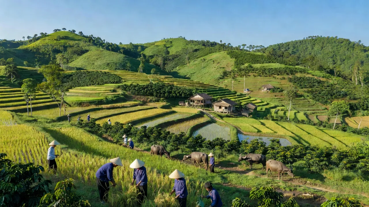 Khung cảnh đồng quê xã Ia Hiao, huyện Phú Thiện, tỉnh Gia Lai với cánh đồng xanh và hoạt động nông nghiệp.