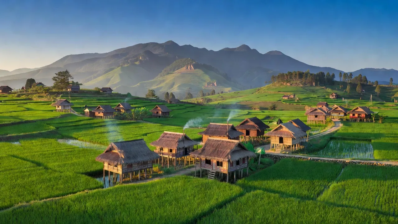Cảnh quan xã Ia Peng, huyện Phú Thiện, tỉnh Gia Lai với đồng ruộng xanh tươi và nhà gỗ truyền thống.