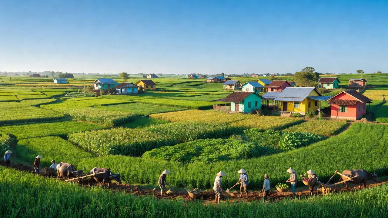 Khung cảnh tươi đẹp xã Ia Peng, huyện Phú Thiện, tỉnh Gia Lai với đồng ruộng và nhà cửa truyền thống.