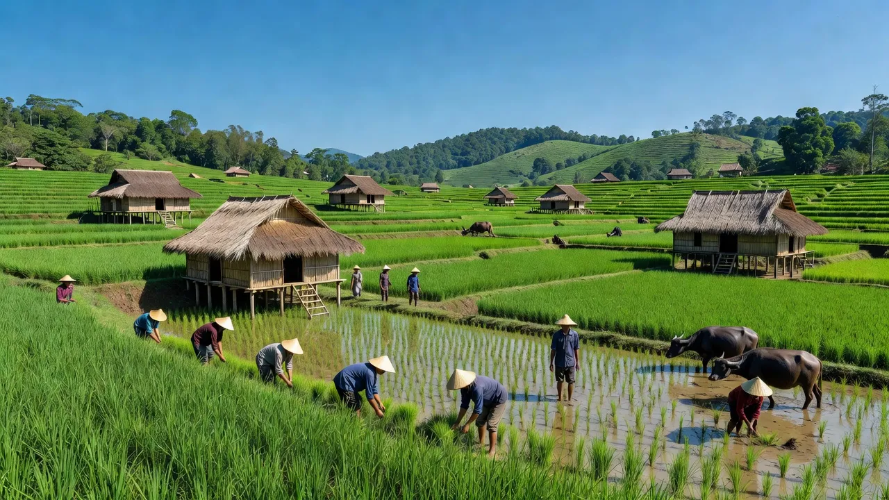 Cảnh quan xã Ia Piar, huyện Phú Thiện, tỉnh Gia Lai với đồng ruộng xanh tươi và nhà truyền thống.