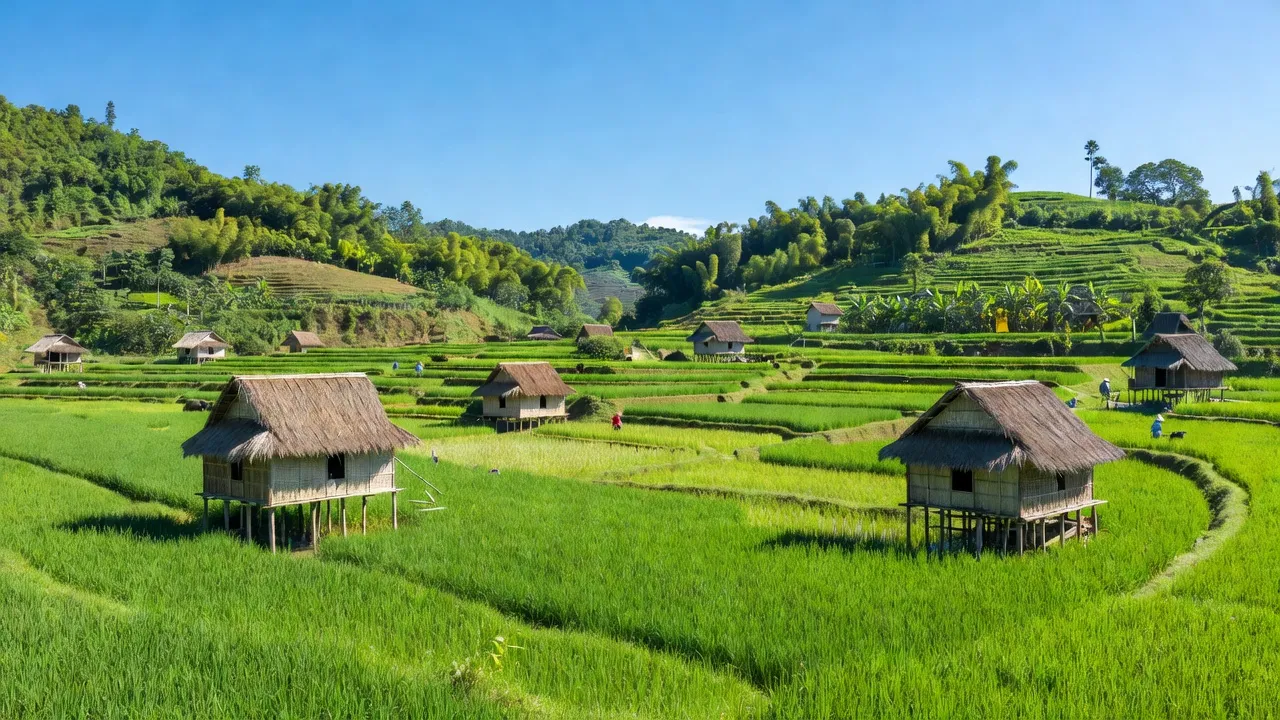 Khung cảnh thanh bình xã Ia Piar, huyện Phú Thiện, tỉnh Gia Lai với cánh đồng xanh và nhà truyền thống.