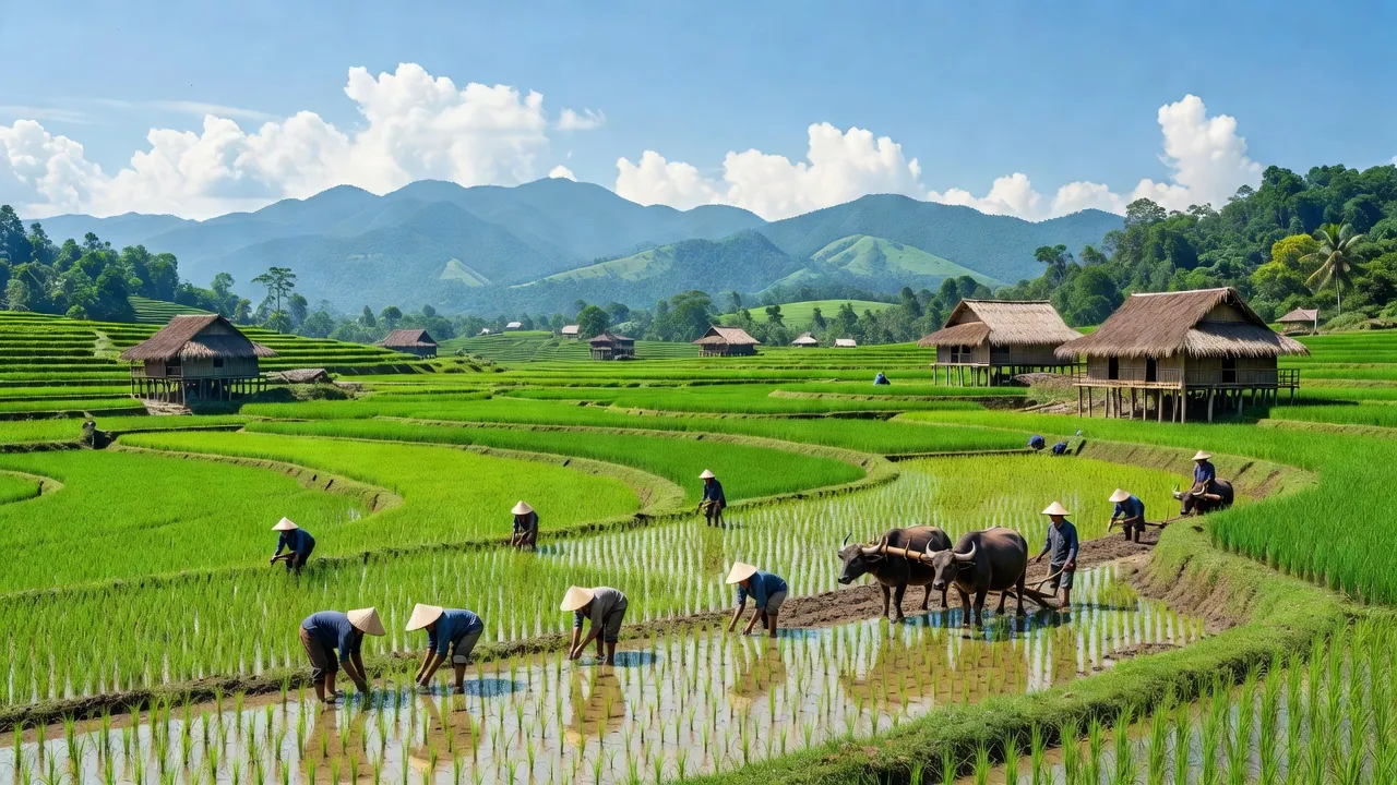 Cảnh đẹp xã Ia Sol, huyện Phú Thiện, tỉnh Gia Lai với cánh đồng xanh và nhà truyền thống.