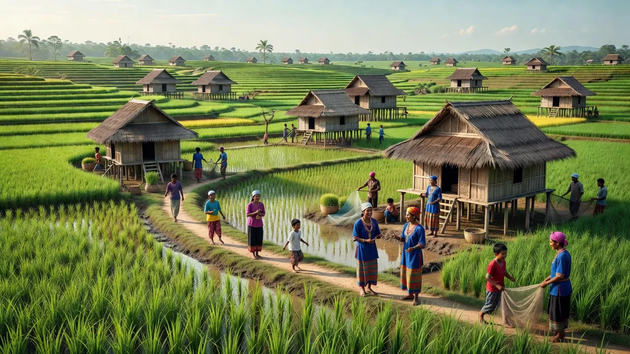 Cảnh quan Xã Ia Yeng, Huyện Phú Thiện, Tỉnh Gia Lai với cánh đồng xanh và nhà sàn truyền thống.
