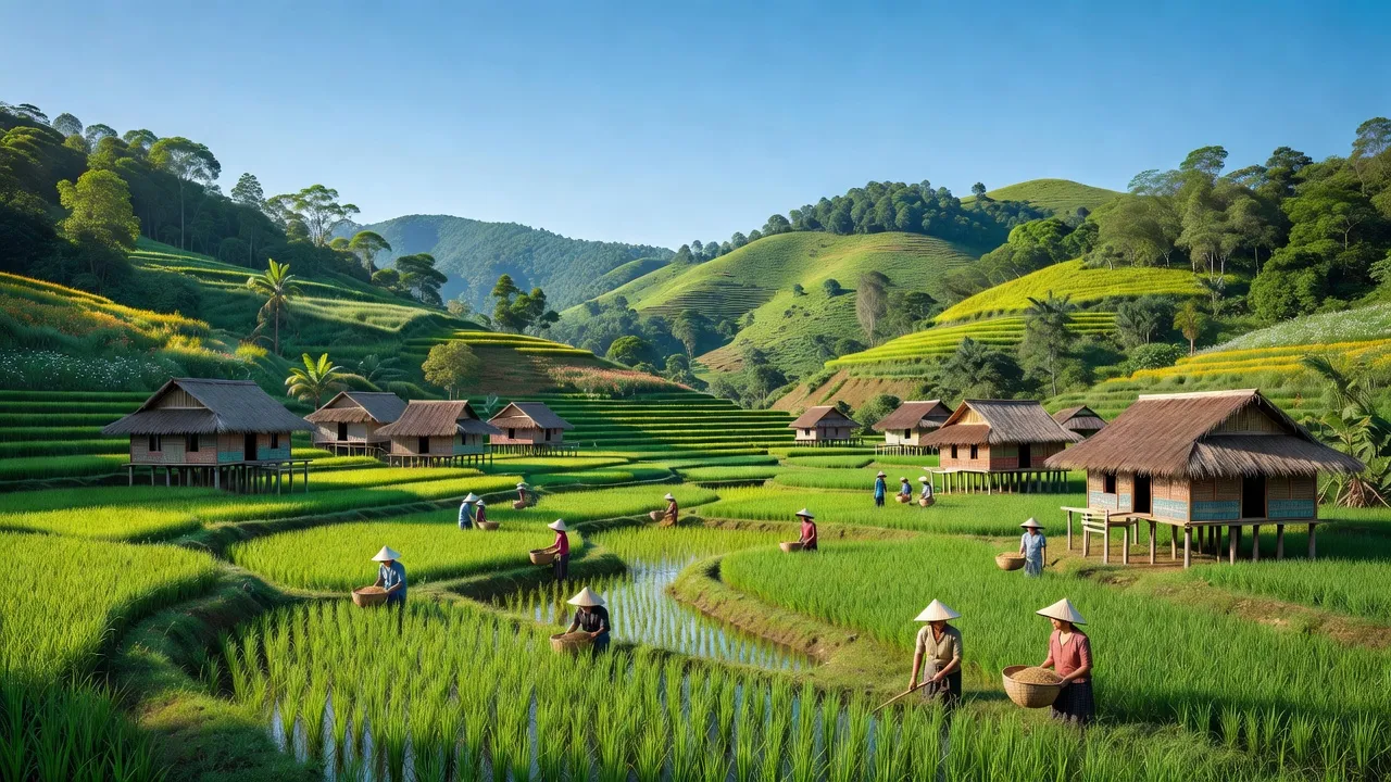 Cảnh quan xã Ia Yeng, huyện Phú Thiện, tỉnh Gia Lai với ruộng bậc thang và làng dân tộc.