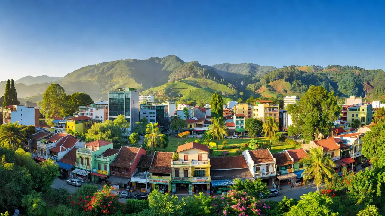 Khung cảnh thành phố Pleiku, tỉnh Gia Lai, với kiến trúc cao nguyên và không gian xanh tươi.