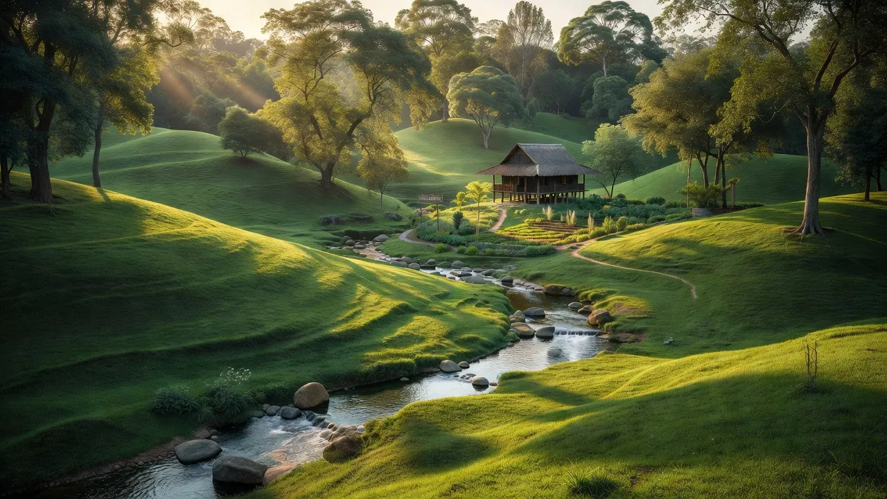 Khung cảnh Xã Chư Á, Pleiku, Gia Lai với cỏ xanh, suối trong sáng, văn hóa địa phương.