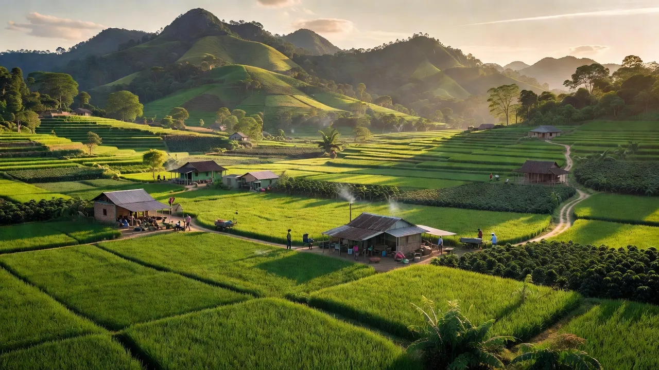 Cảnh sắc xã Diên Phú, Pleiku với các cánh đồng xanh và đồi núi hùng vĩ, tượng trưng cho sự phát triển.
