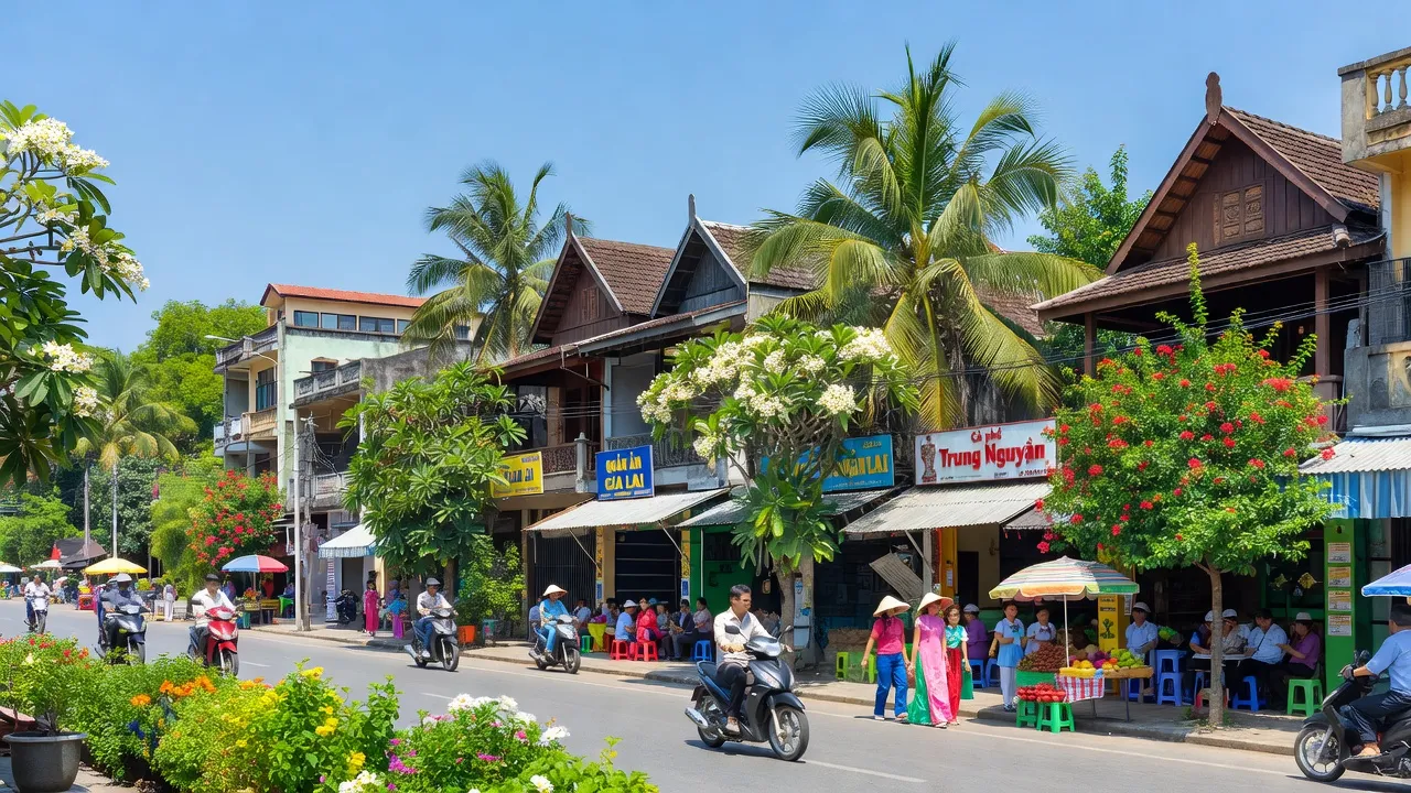 Phường Đống Đa, Pleiku, Gia Lai với kiến trúc địa phương và hoạt động nhộn nhịp dưới bầu trời xanh.