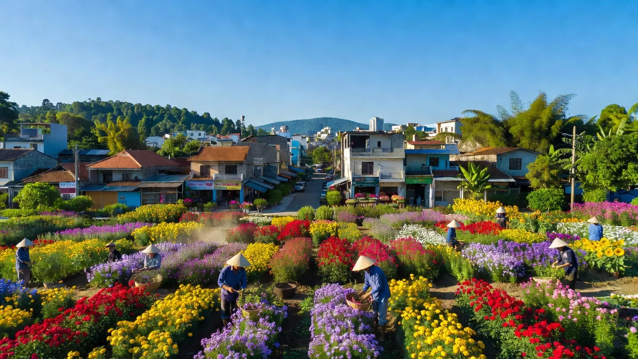Phường Hoa Lư, Pleiku, Gia Lai with vibrant flowers and green landscapes, emphasizing urban agriculture.