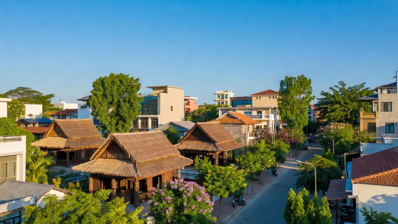 Cảnh đẹp phường Hội Phú, Pleiku, Gia Lai với nhà ở truyền thống và cây xanh.