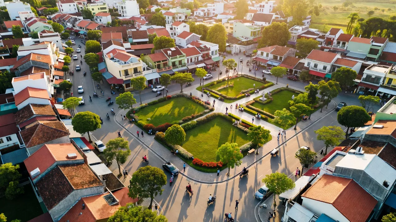 Cảnh quan phường Hội Phú, thành phố Pleiku, ánh nắng sáng và dãy nhà phố hiện đại.
