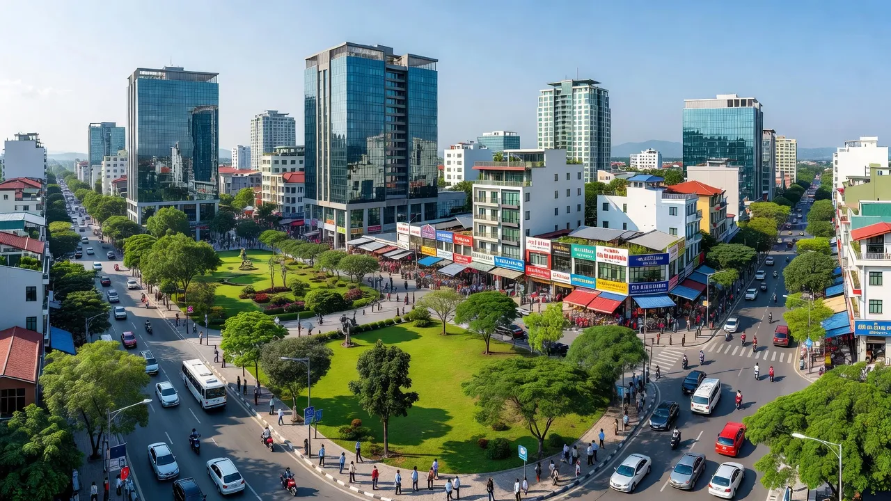 Khung cảnh Phường Hội Thương, Pleiku, Gia Lai với kiến trúc hiện đại và hoạt động thương mại nhộn nhịp.