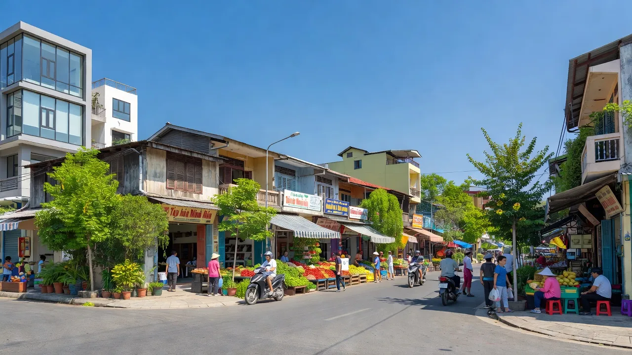 Phường Hội Thương, Pleiku, Gia Lai with vibrant street life and modern urban development backdrop.