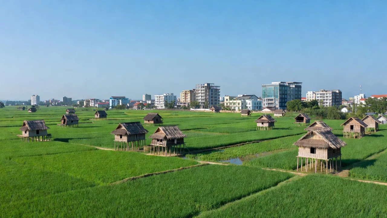 Xã Ia Kênh in Pleiku, Gia Lai with a blend of rural and urban landscapes, green fields and buildings.