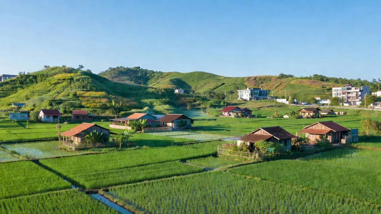 Khung cảnh yên bình tại phường Ia Kring, Pleiku với cánh đồng xanh và nhà cửa, biểu tượng cho phát triển đô thị.