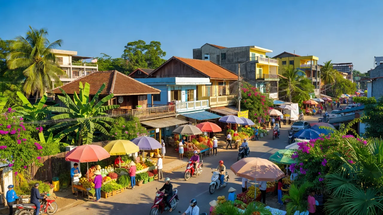 Phường Phù Đổng in Pleiku, Gia Lai, featuring local houses, street markets, and green trees under a bright sky.