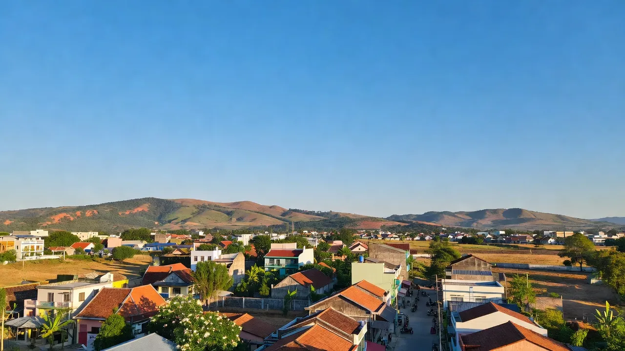 Khung cảnh phường Tây Sơn, thành phố Pleiku, tỉnh Gia Lai với đồi núi và nhà cửa.