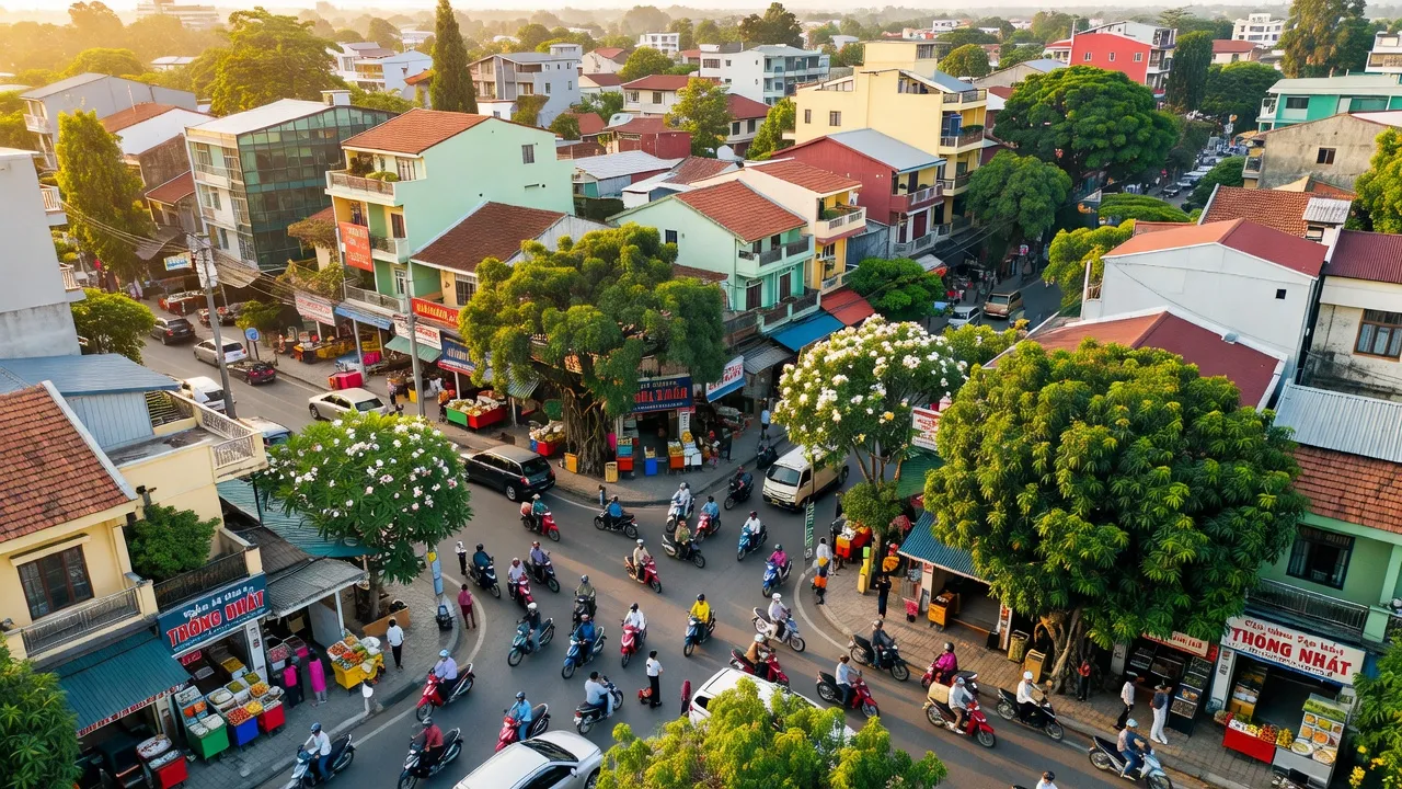 Khung cảnh Phường Thống Nhất, Pleiku với khu dân cư đông đúc và nhịp sống sôi động.