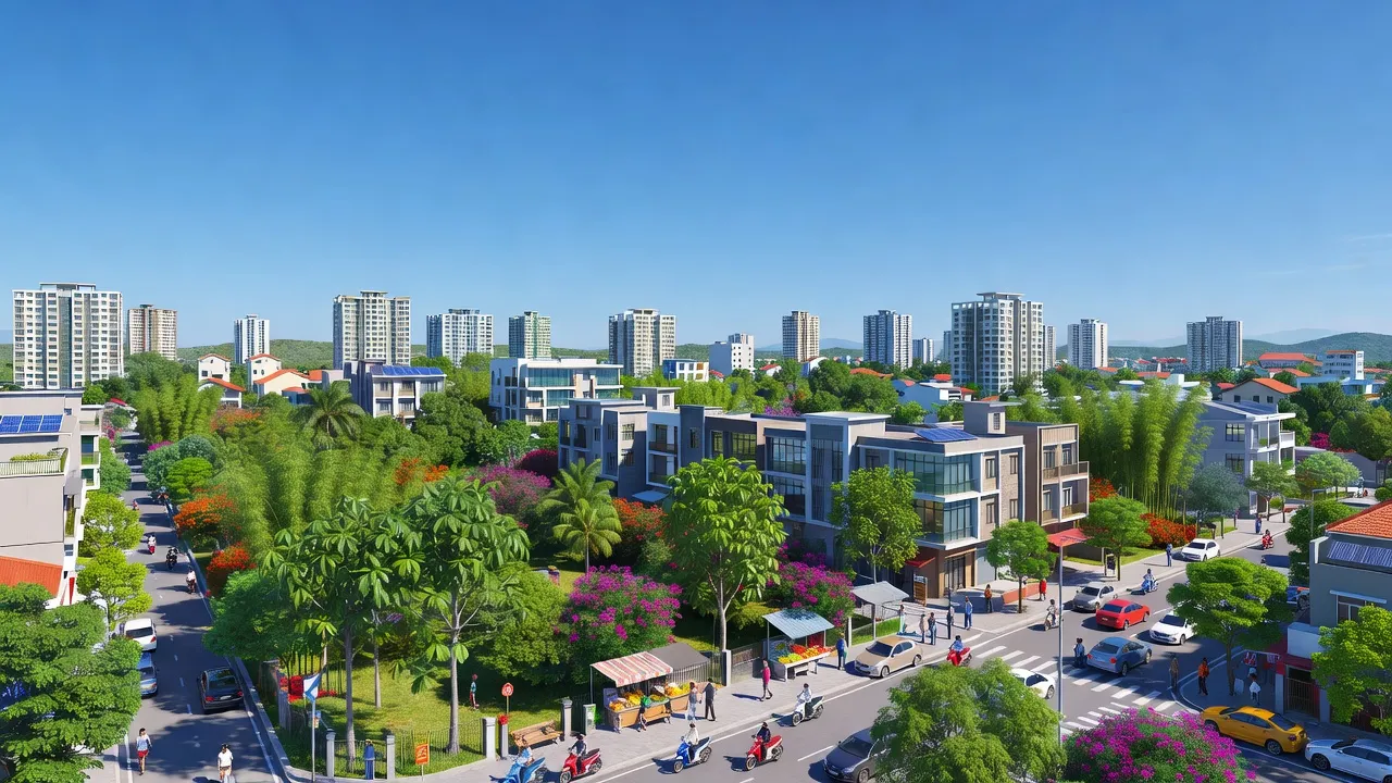 Khung cảnh đô thị Phường Yên Đỗ, Pleiku, Gia Lai với cây xanh và cuộc sống hiện đại.