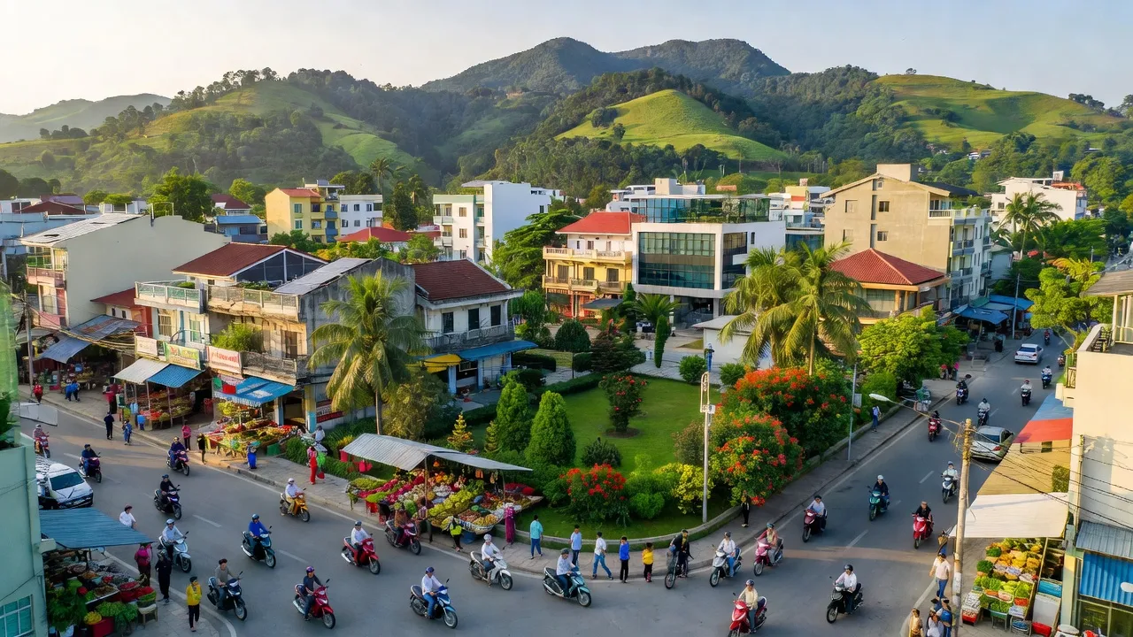 Quang cảnh phường Yên Thế, thành phố Pleiku, Gia Lai với kiến trúc địa phương và đường phố sôi động.
