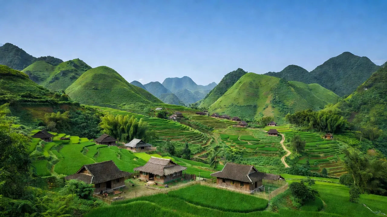 Khung cảnh huyện Bắc Mê, Hà Giang với núi non xanh mướt và nhà dân tộc truyền thống.