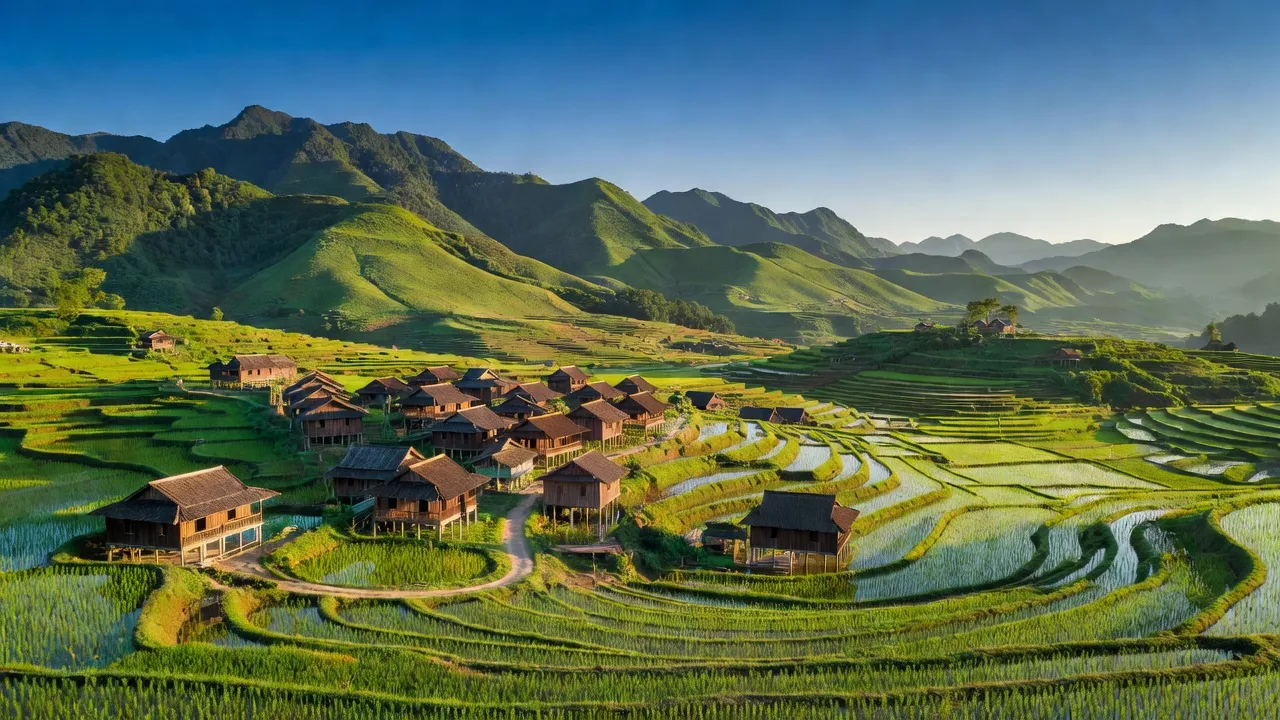 Khung cảnh xã Đường Âm, huyện Bắc Mê, Hà Giang với núi non xanh tươi, ruộng bậc thang và nhà gỗ truyền thống.