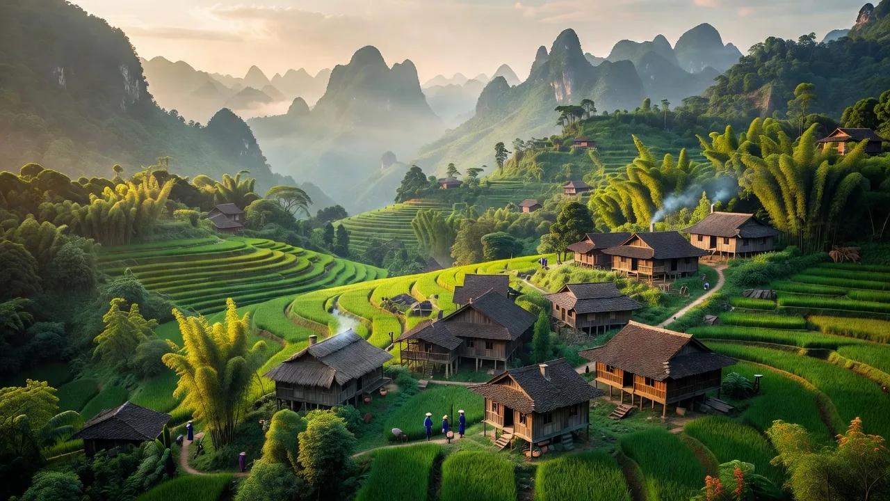 Khung cảnh xã Đường Âm, huyện Bắc Mê, tỉnh Hà Giang với núi non và nhà sàn truyền thống.