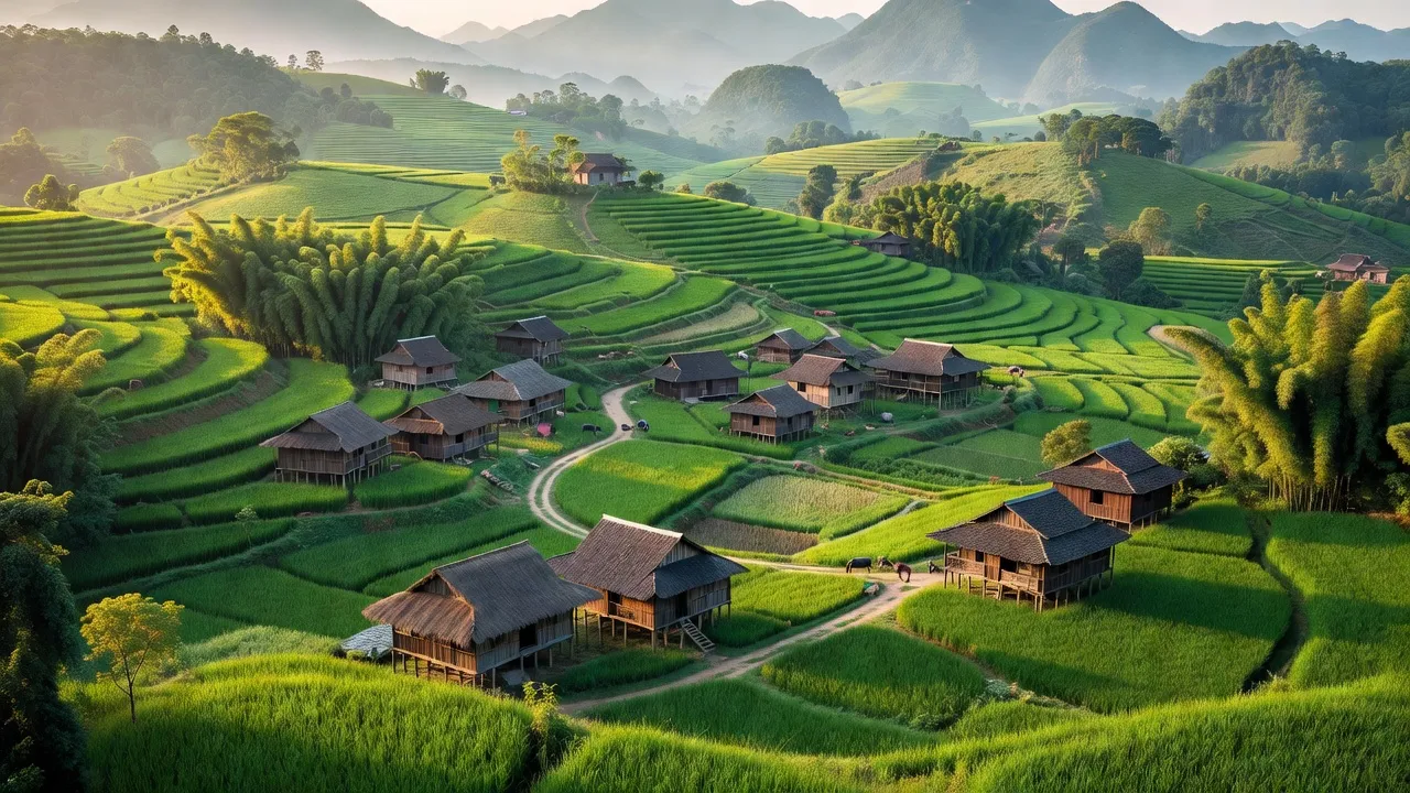 Tranh phong cảnh xã Đường Hồng huyện Bắc Mê, tỉnh Hà Giang với đồi núi xanh tươi.