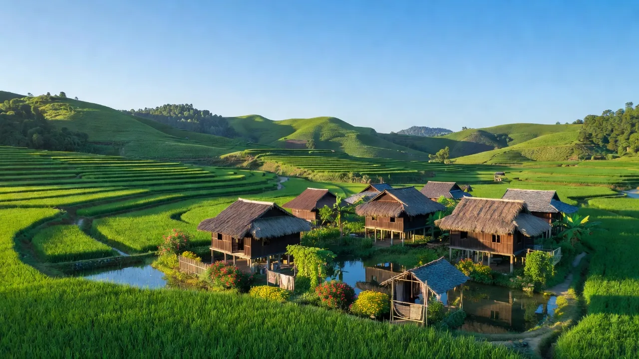 Khung cảnh thơ mộng xã Giáp Trung, huyện Bắc Mê, tỉnh Hà Giang với đồng xanh và nhà truyền thống.