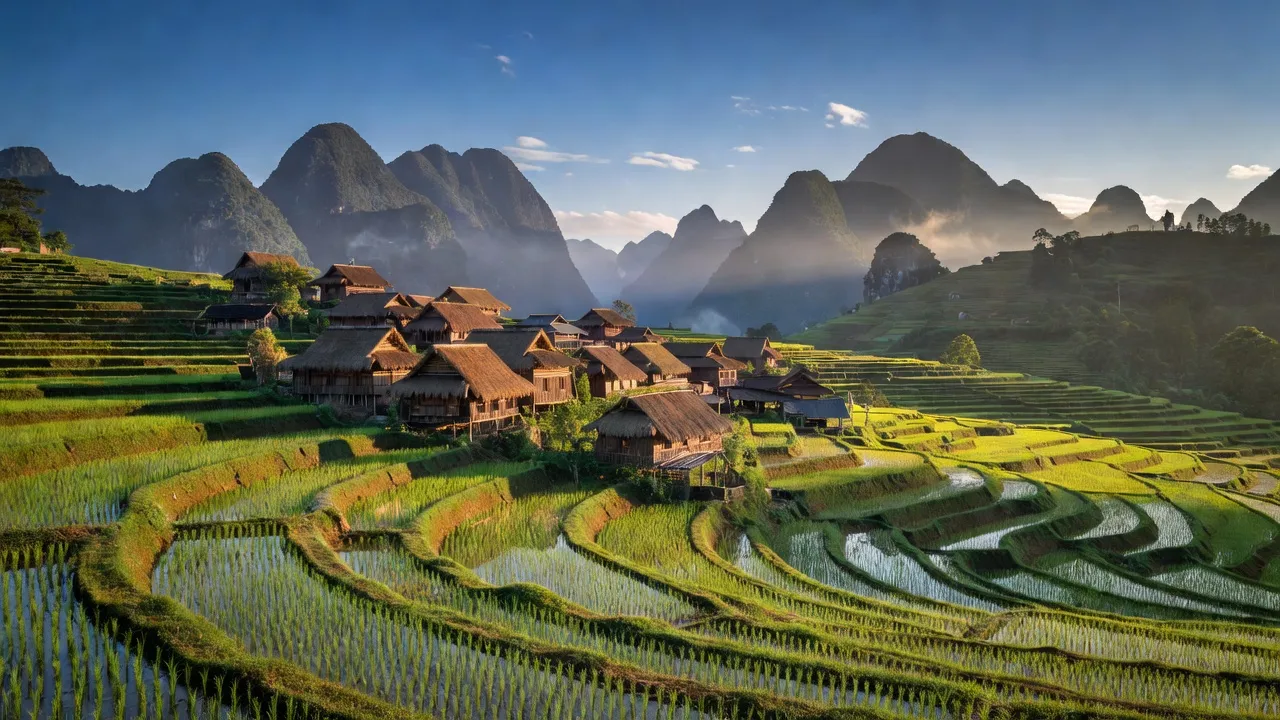 Khung cảnh xã Lạc Nông, huyện Bắc Mê, Hà Giang với ruộng bậc thang và nhà dân tộc Mông.
