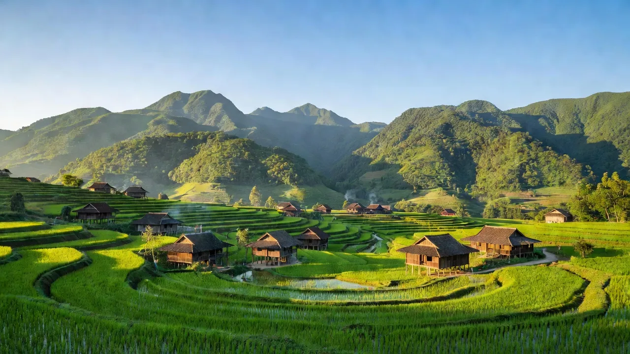 Cảnh đẹp Xã Minh Ngọc, Huyện Bắc Mê, tỉnh Hà Giang với cánh đồng xanh và nhà gỗ truyền thống.