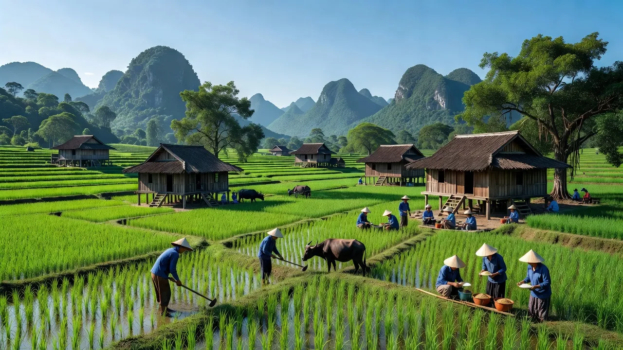 Khung cảnh yên bình ở xã Minh Ngọc, huyện Bắc Mê, tỉnh Hà Giang với ruộng xanh và nhà truyền thống.