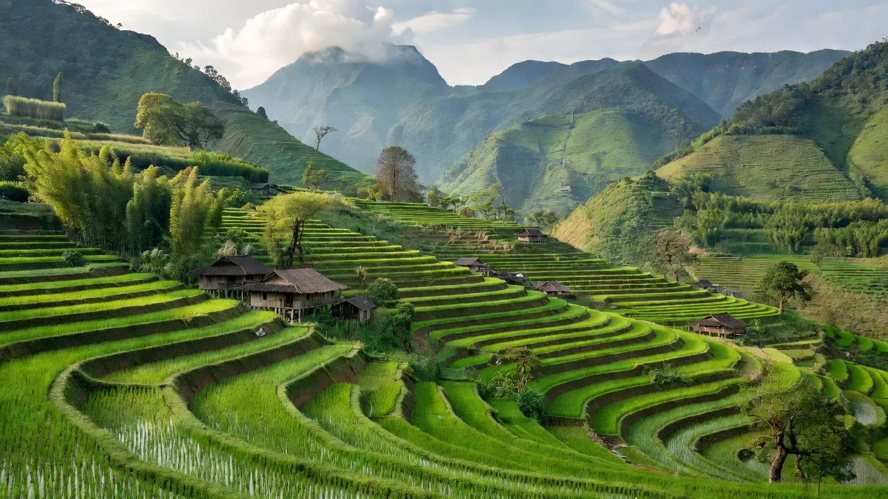 Khung cảnh ruộng bậc thang tại xã Minh Sơn, huyện Bắc Mê, tỉnh Hà Giang, với mây trời, nhà truyền thống.