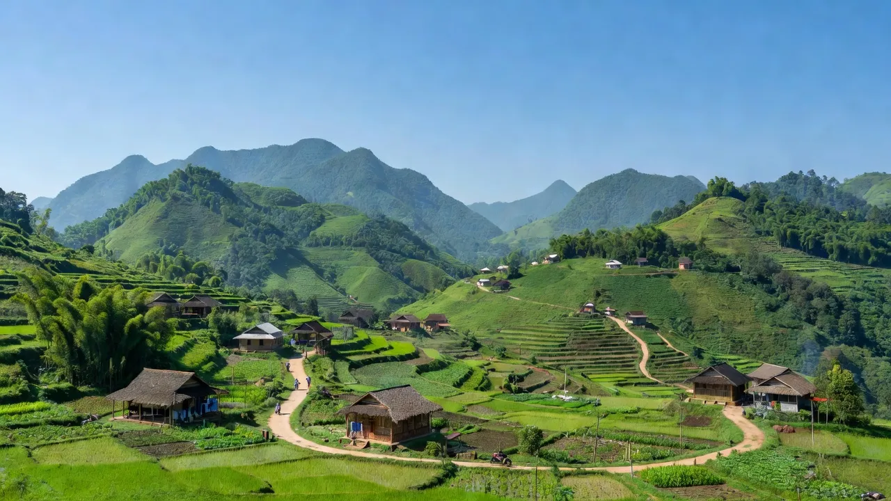 Phong cảnh xã Minh Sơn, huyện Bắc Mê, tỉnh Hà Giang với núi xanh và nhà truyền thống.