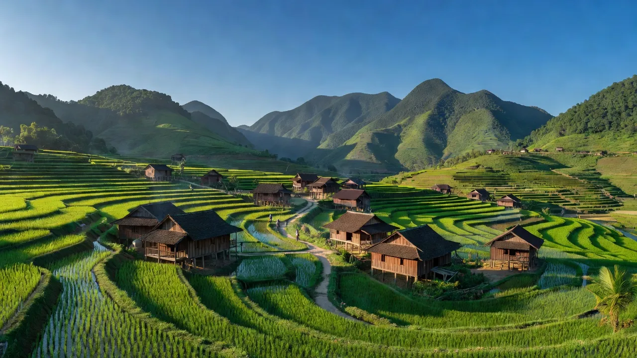 Khung cảnh Xã Phiêng Luông, Huyện Bắc Mê, Tỉnh Hà Giang với núi non và ruộng bậc thang.