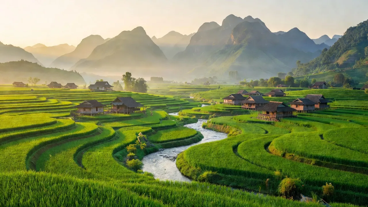 Phong cảnh xã Phiêng Luông, huyện Bắc Mê, tỉnh Hà Giang với dãy núi và cánh đồng xanh.