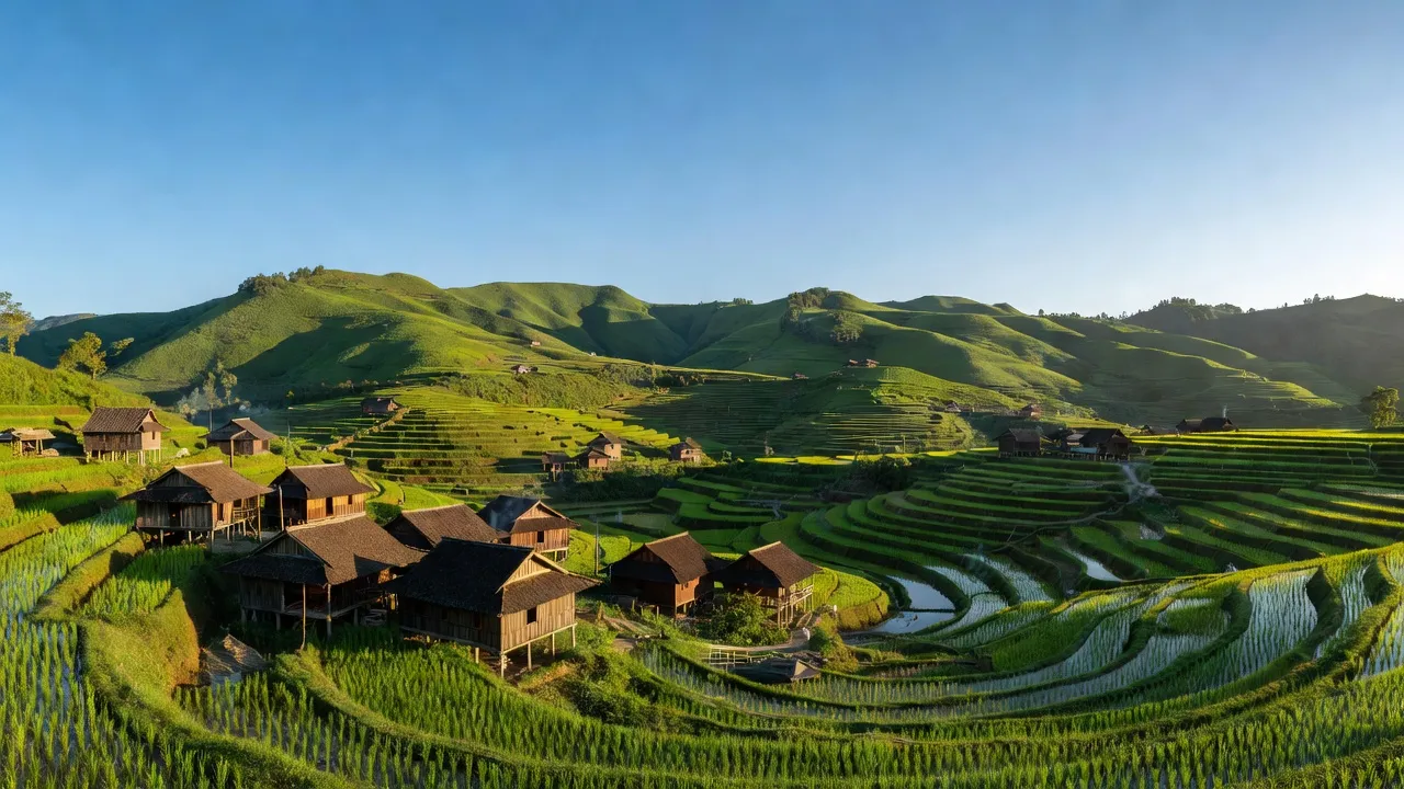 Cảnh quan xã Phú Nam, Bắc Mê, Hà Giang với đồi núi xanh và ruộng bậc thang.