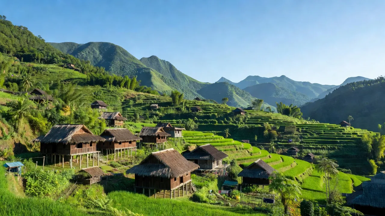 Khung cảnh yên bình xã Phú Nam, huyện Bắc Mê, Hà Giang với núi non xanh tươi và nhà truyền thống.
