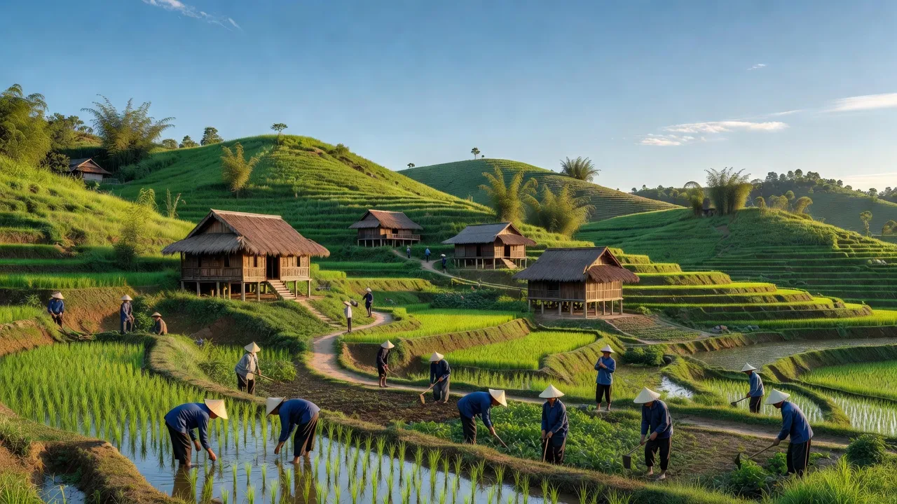Khung cảnh bình yên xã Thượng Tân, huyện Bắc Mê, tỉnh Hà Giang với đồi núi xanh tươi.