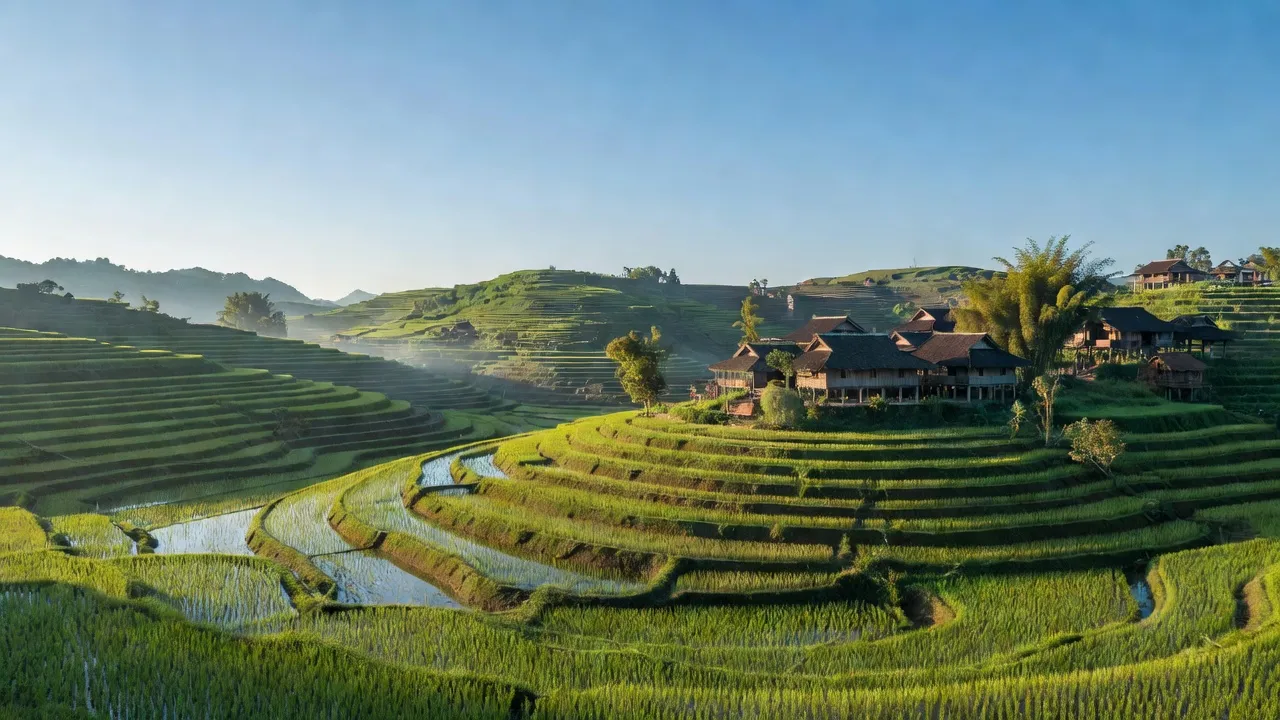 Quang cảnh làng Thượng Tân, huyện Bắc Mê, Hà Giang với ruộng bậc thang và núi non hùng vĩ.