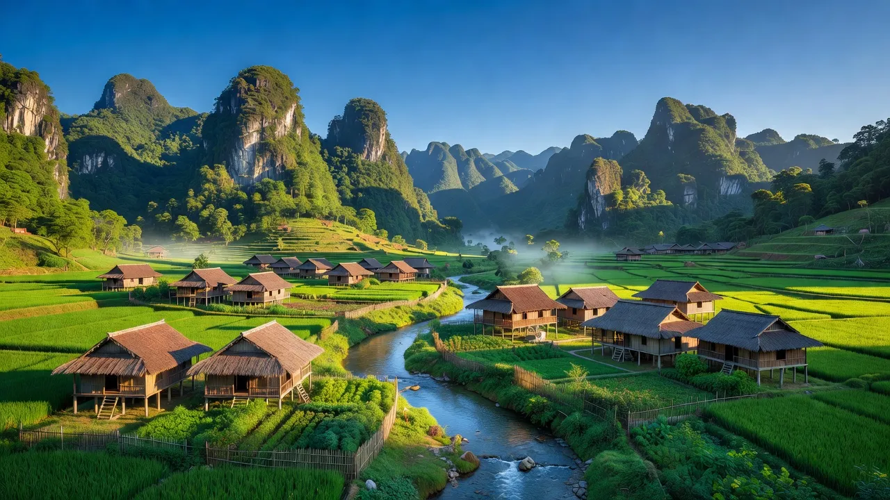 Phong cảnh xã Yên Cường, huyện Bắc Mê, tỉnh Hà Giang với núi non hùng vĩ và sông Gâm.