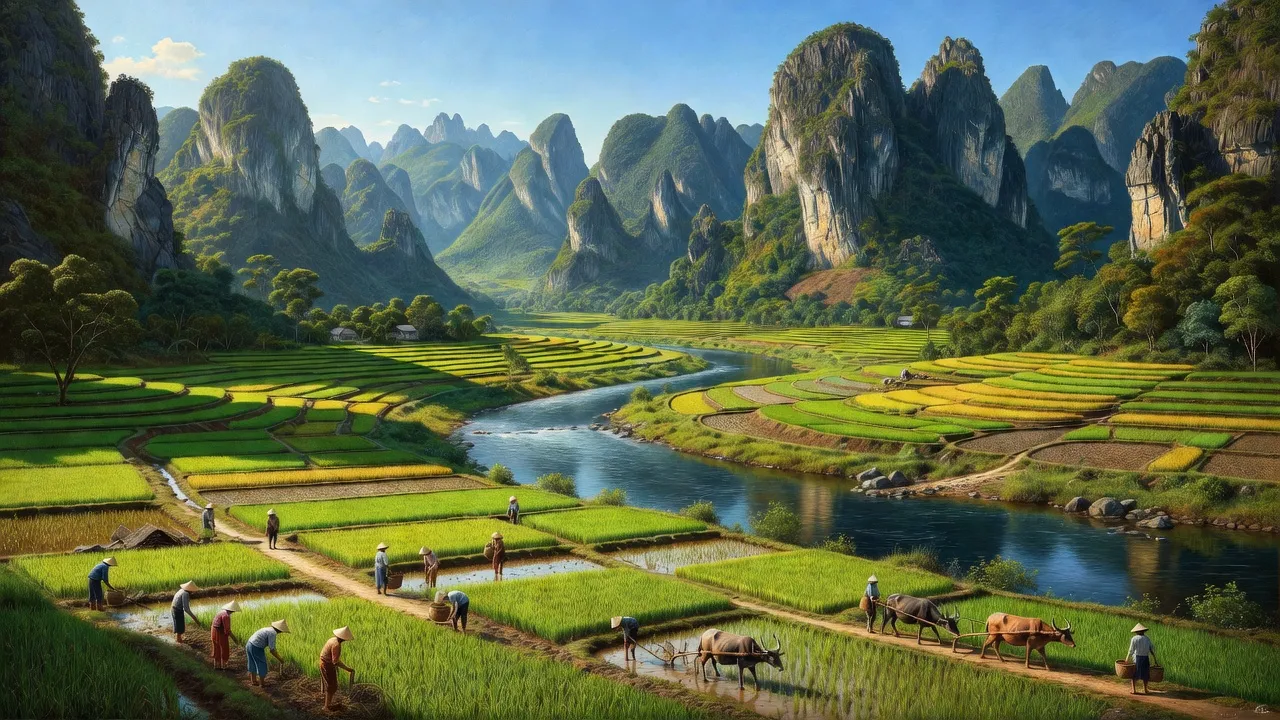 Vùng núi xã Yên Cường, huyện Bắc Mê, tỉnh Hà Giang với núi đá và sông Gâm