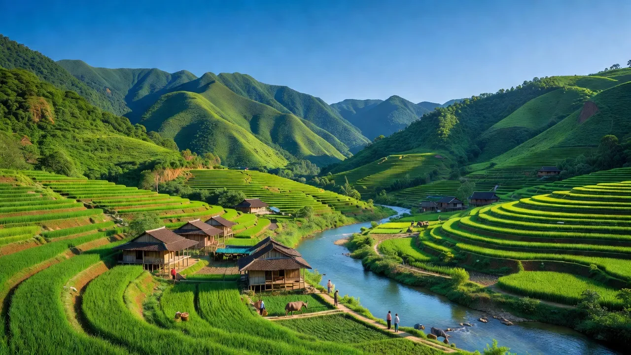 Khung cảnh thiên nhiên Yên Định, Bắc Mê, Hà Giang với núi non xanh tươi và ruộng bậc thang.