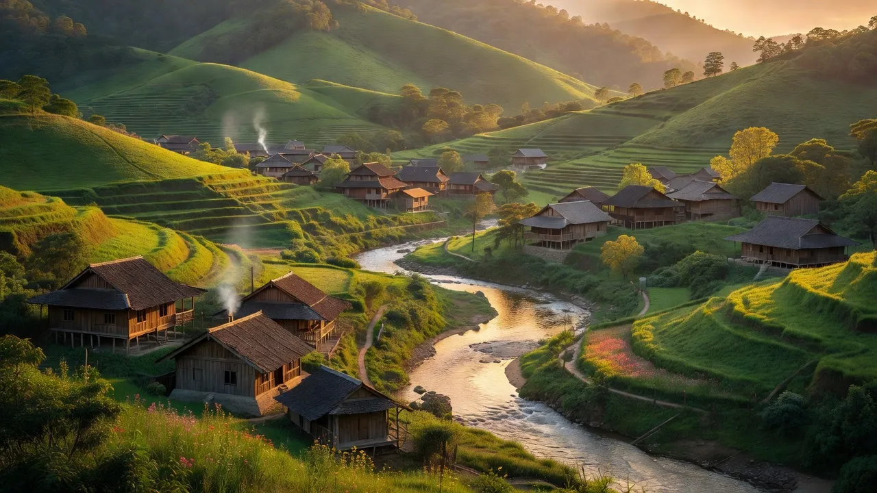 Khung cảnh thị trấn Yên Phú, Huyện Bắc Mê, Tỉnh Hà Giang với dòng sông Gâm và đồi núi xanh.