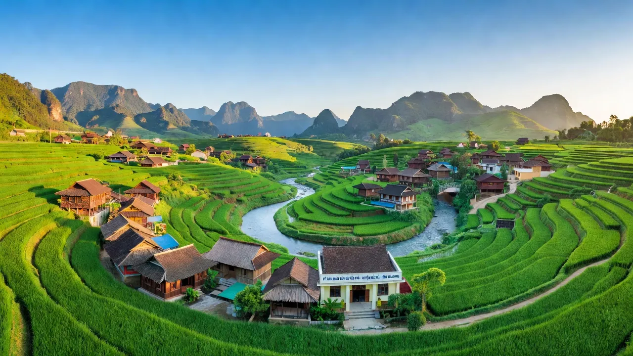 Khung cảnh thị trấn Yên Phú, huyện Bắc Mê, tỉnh Hà Giang với thiên nhiên tươi đẹp và những ngôi nhà truyền thống.
