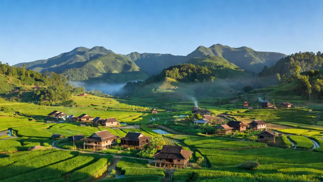 Khung cảnh huyện Bắc Quang, Hà Giang với những ngọn núi xanh, thung lũng tươi tốt và nhà truyền thống.