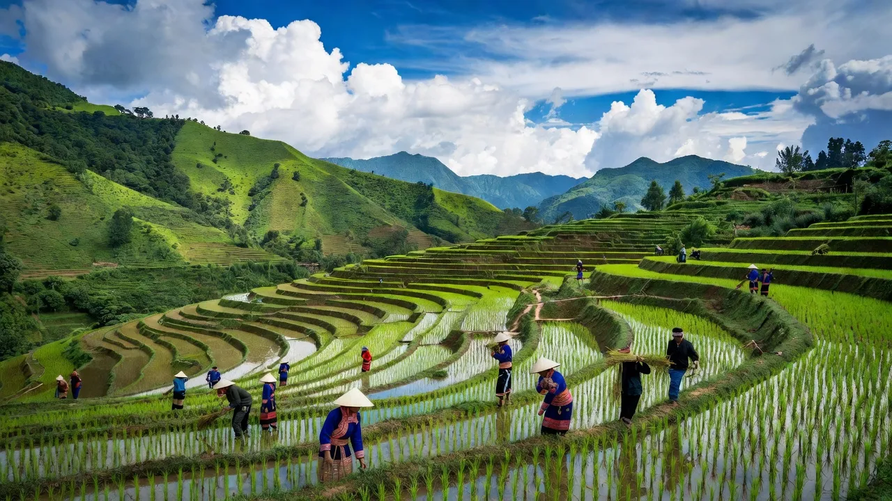 Khung cảnh đồi núi Xã Bằng Hành, Bắc Quang, Hà Giang với cánh đồng bậc thang xanh tươi.