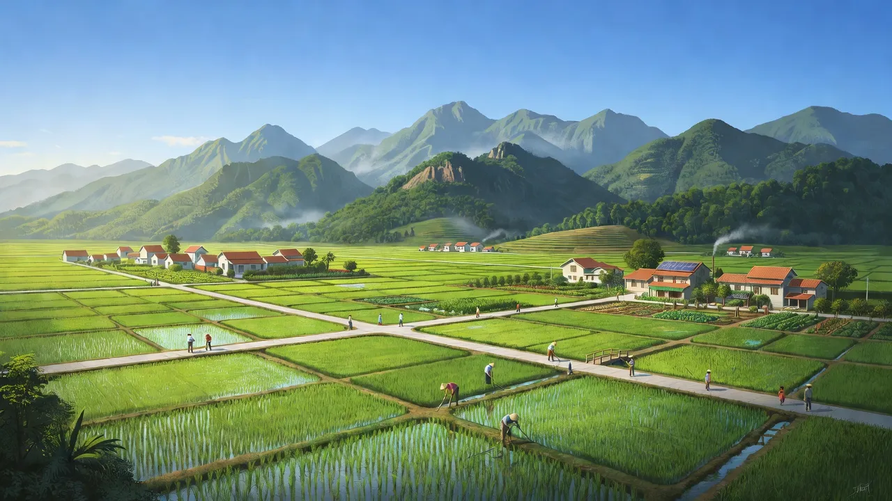 Phong cảnh xã Đồng Tâm, huyện Bắc Quang, tỉnh Hà Giang với cánh đồng và núi non đẹp mắt.