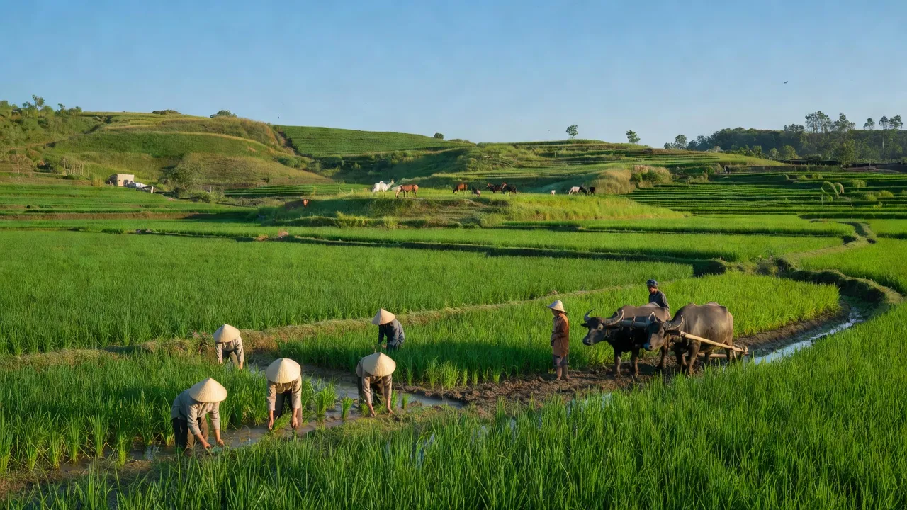 Cảnh quan nông thôn ở xã Đông Thành, huyện Bắc Quang, tỉnh Hà Giang, với đồng ruộng xanh.