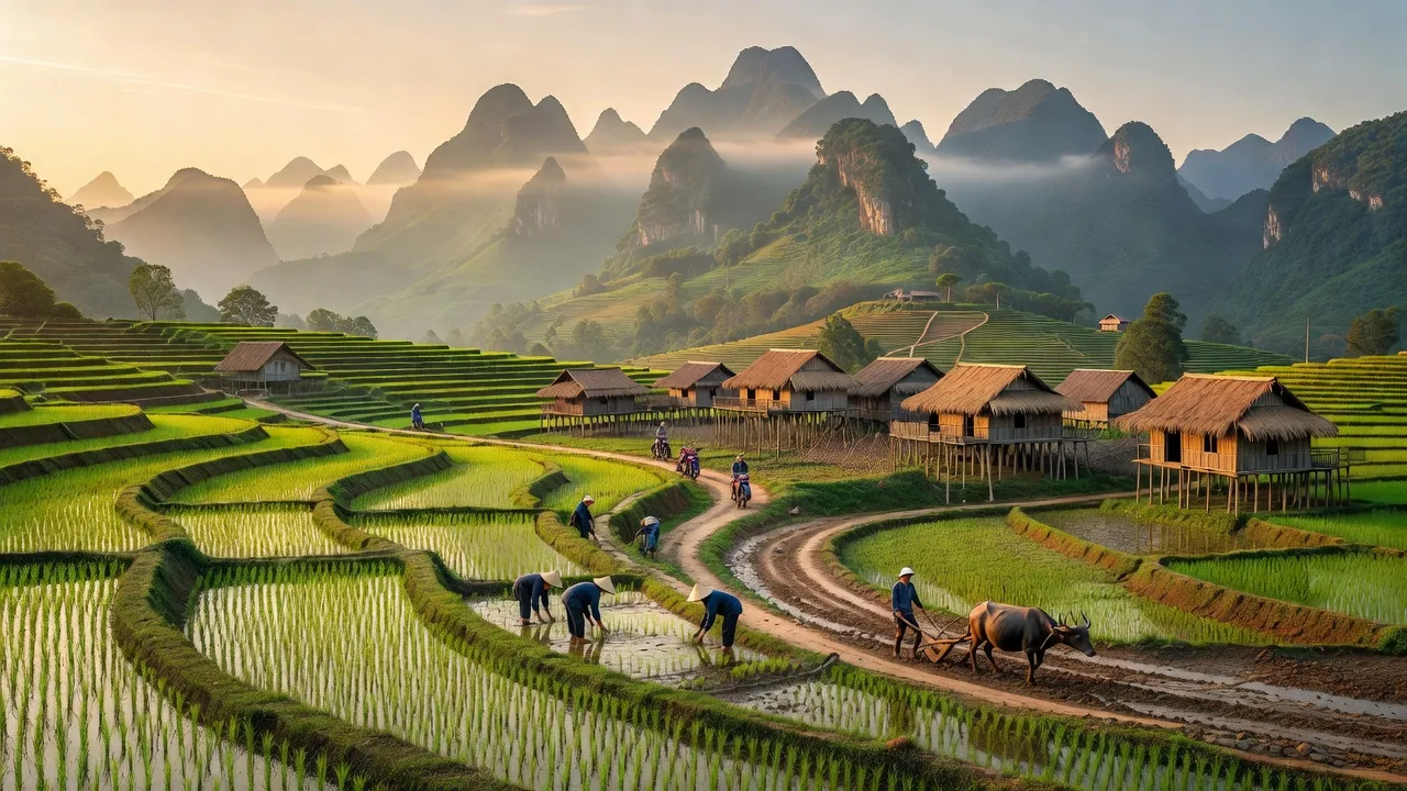 Khung cảnh nông thôn xã Đông Thành, Bắc Quang, Hà Giang với ruộng bậc thang và núi non hùng vĩ.